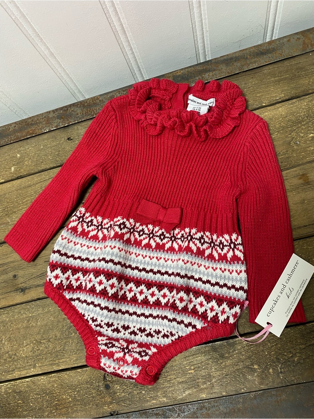 Cupcakes & Cashmere Red and White Knit Girls Sweater with Fair Isle Pattern